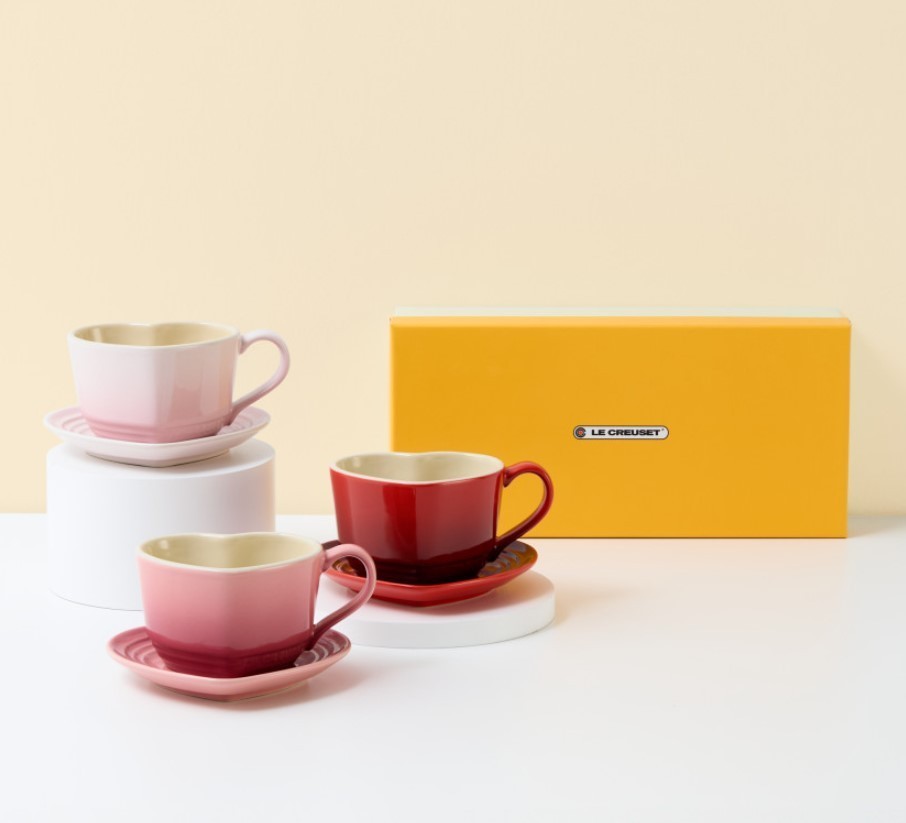 Le Creuset Heart Shaped Mug and Tray Set – (Rose Quartz , Red , Shell Pink)