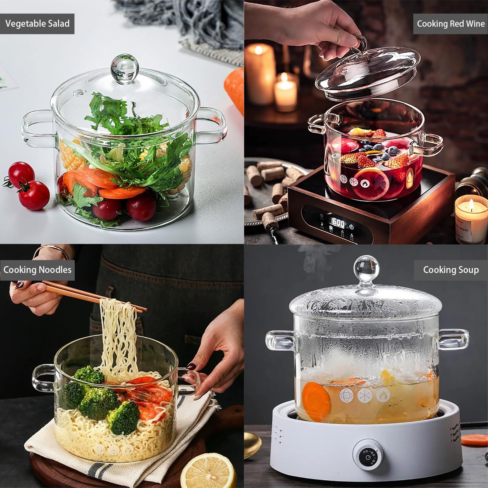 Clear Glass Cooking Pot 1.9L with Lid & Handle, Borosilicate Saucepan – Ideal fo