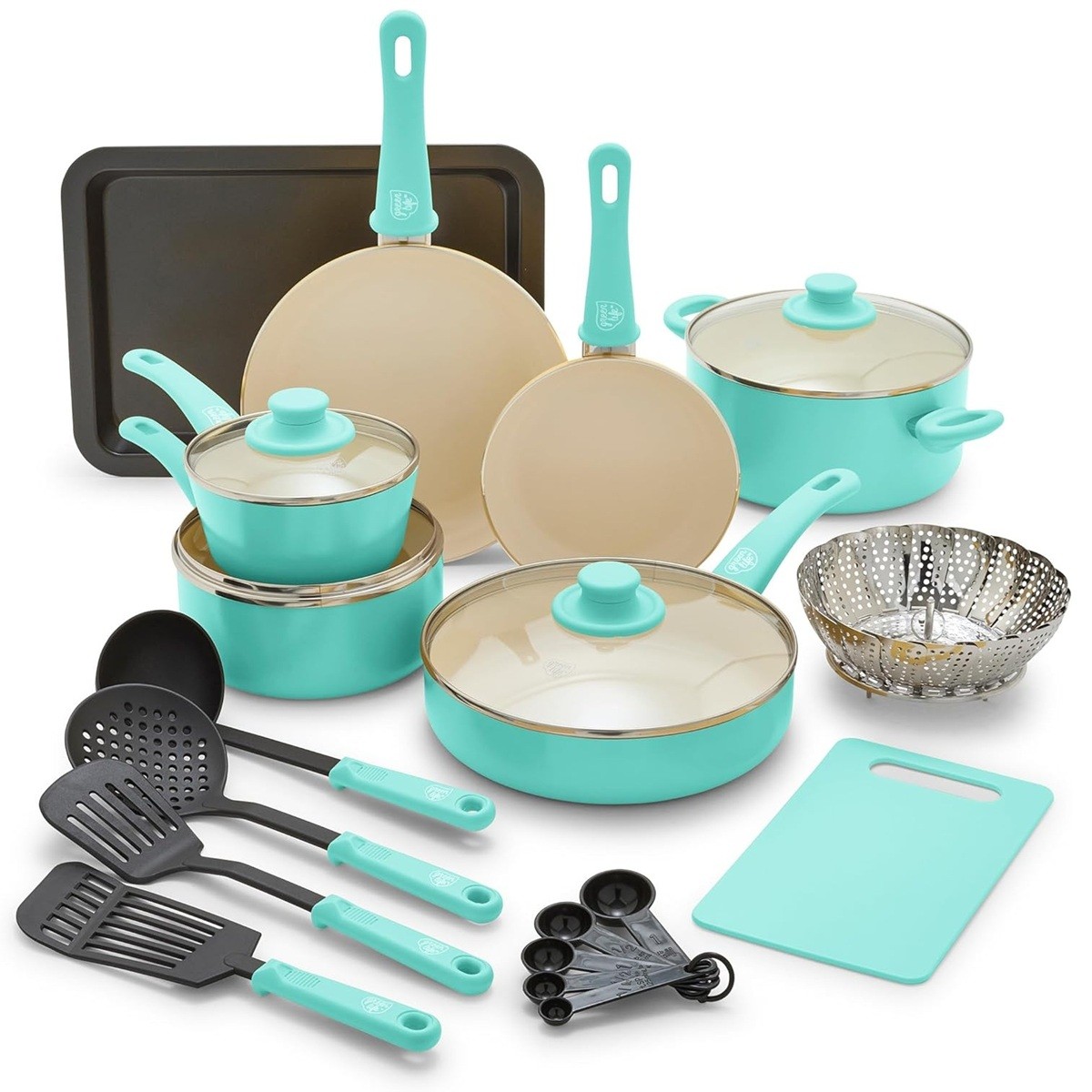 GreenLife Soft Grip Healthy Ceramic Nonstick 18Piece Pots/Frying Pans Set Turquo