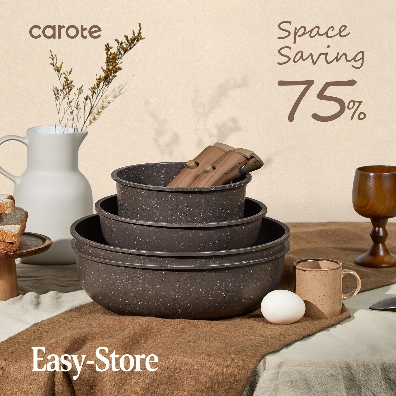CAROTE 21Pcs Nonstick Cookware Set Detachable Handle RV Induction Brown