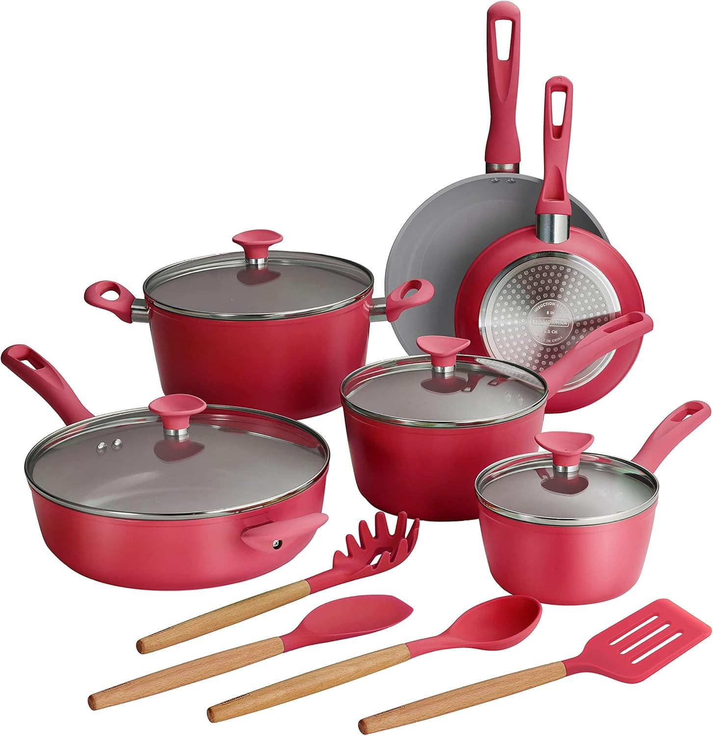 Solara 14-Piece Red Nonstick Cookware Set with Lids, Oven Safe