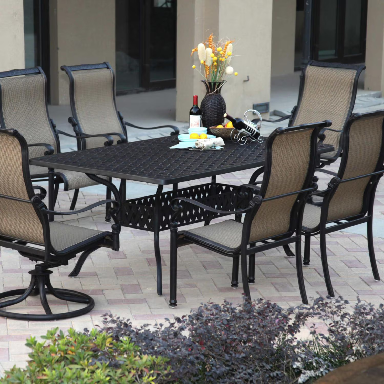 Monterey 7 Pc Cast Aluminum Dining Set 72 X 42 Inch Series 30 Table & 2 Swivel