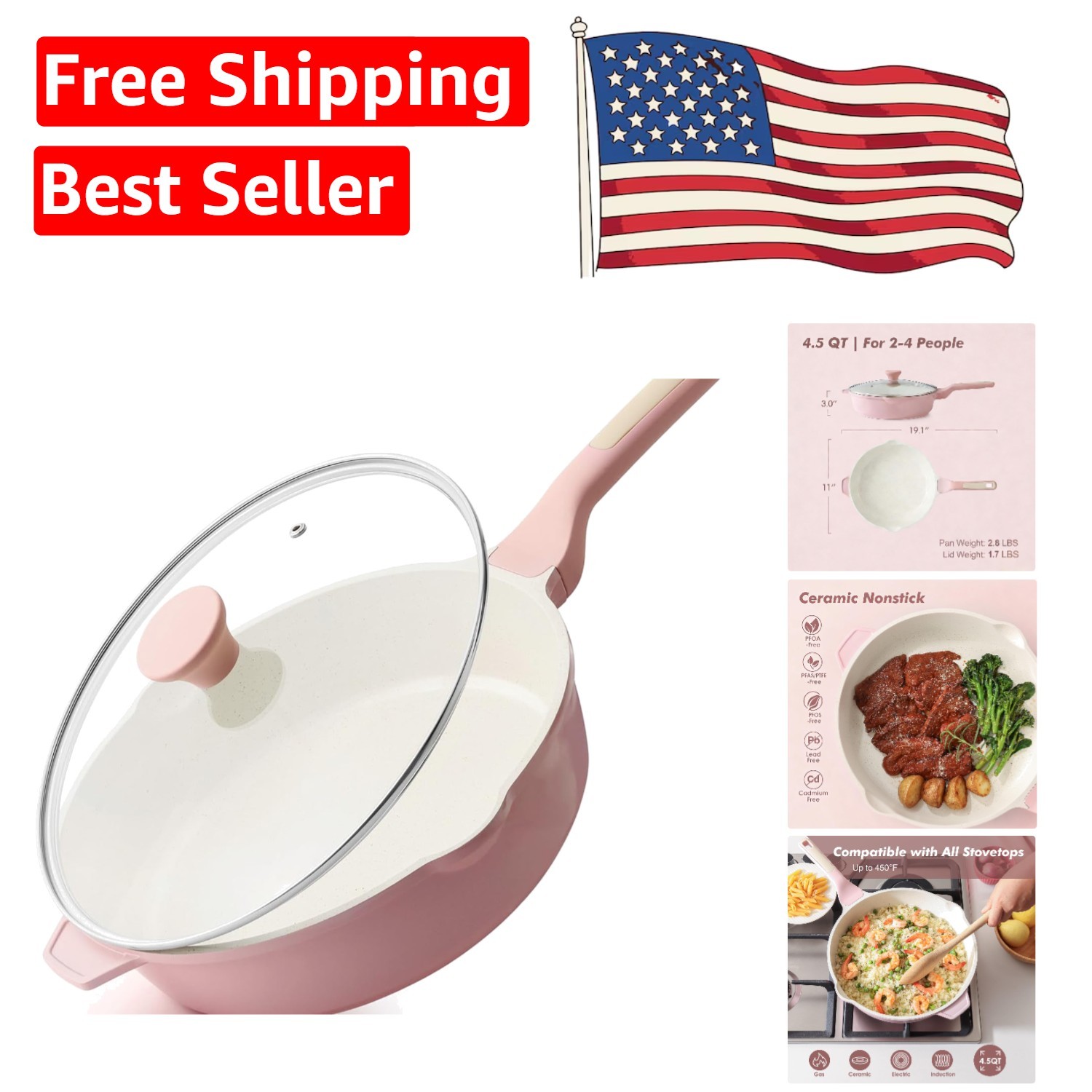 Health-Conscious 4.5QT Ceramic Skillet with Lid – Effortless Cooking in Pink