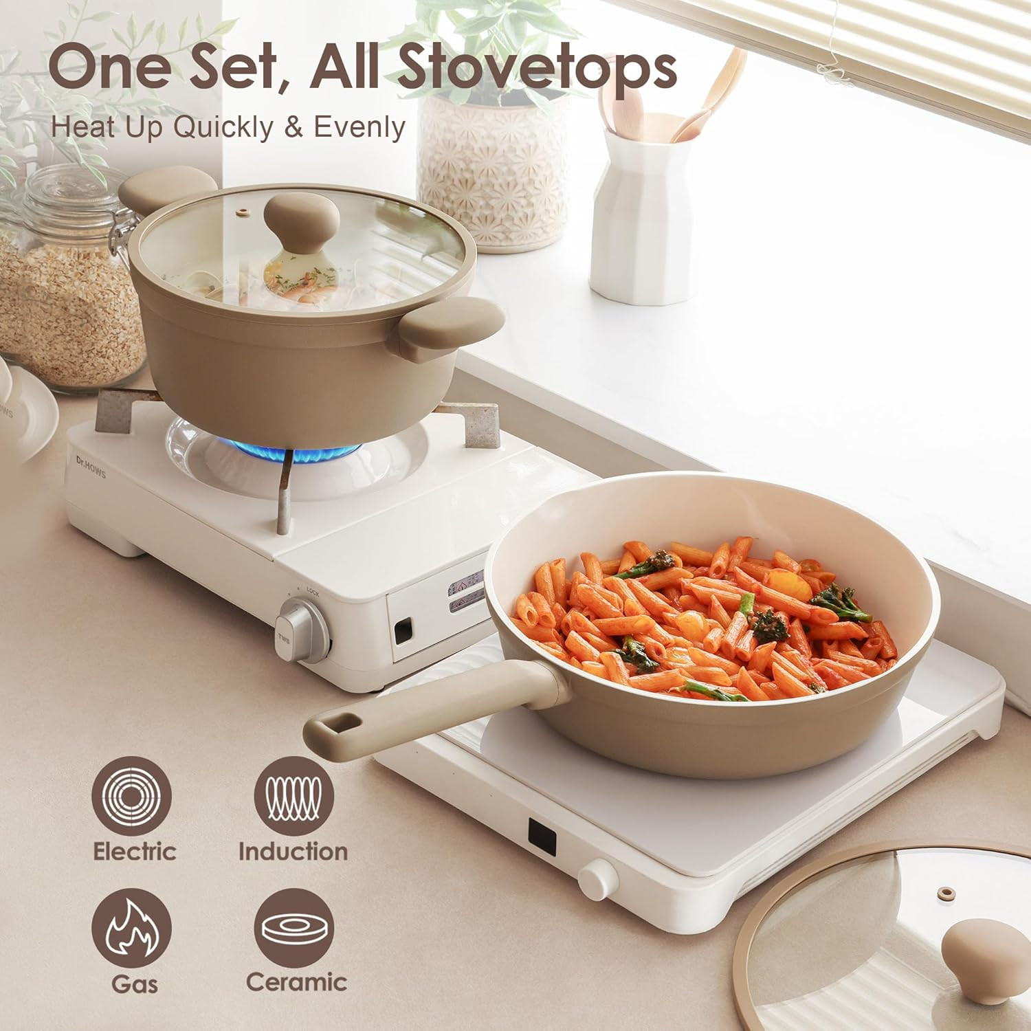 Ceramic Nonstick Pots and Pans Set 17Pcs Healthy Cookware Taupe