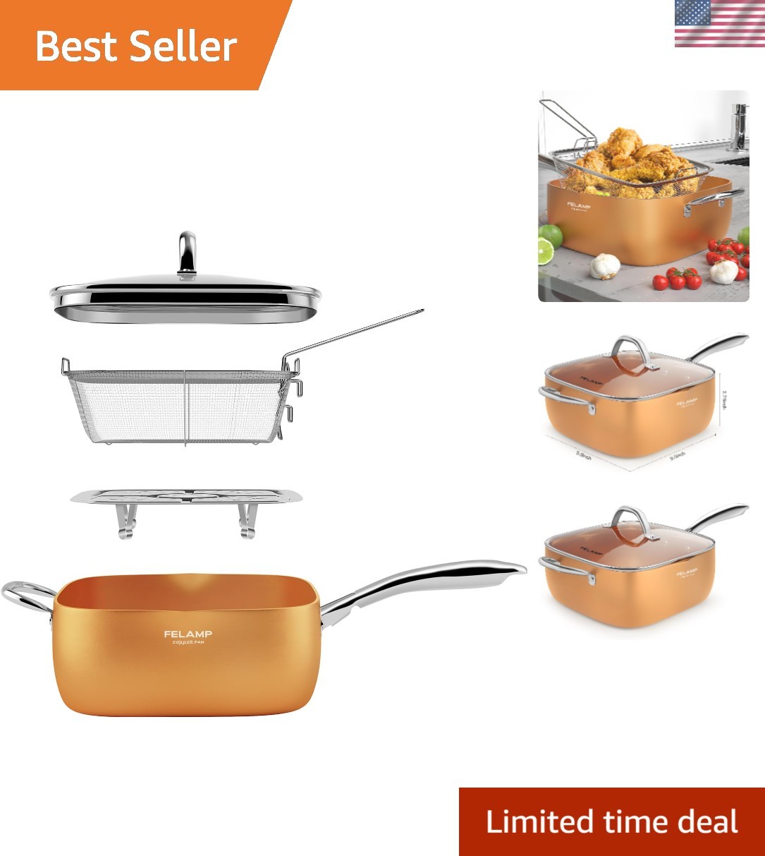 Versatile 9.5-Inch Ceramic Nonstick Deep Fry Pan with Glass Lid & Accessories