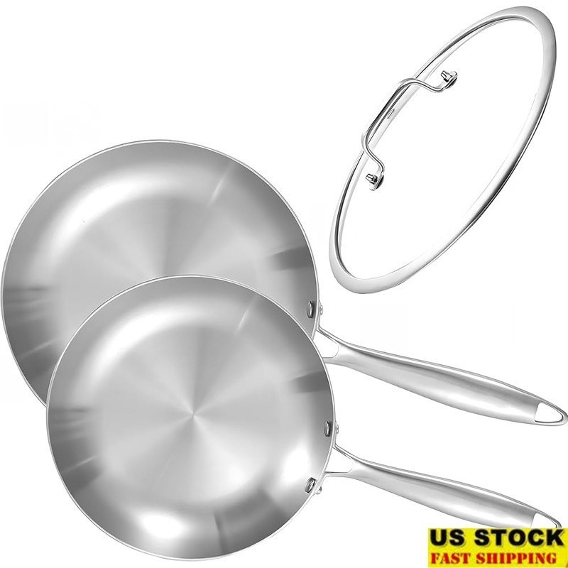 Tri-Ply Stainless Steel Pan Set Frying Cooking Non-Stick Oven Safe Lid New