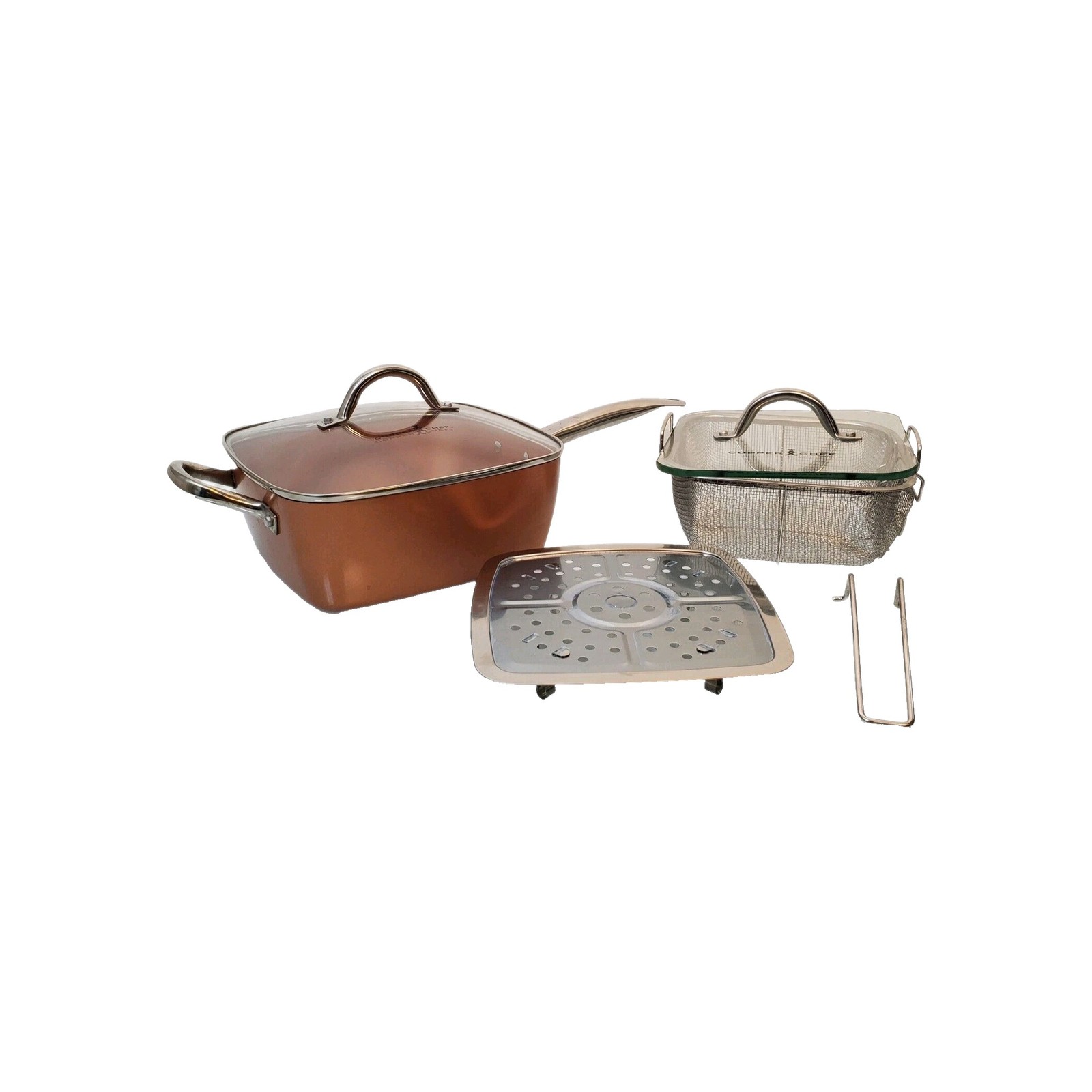 Copper Chef 9.5″ Square Fry Frying Pan Lid Fry Basket Handle Steam Rack