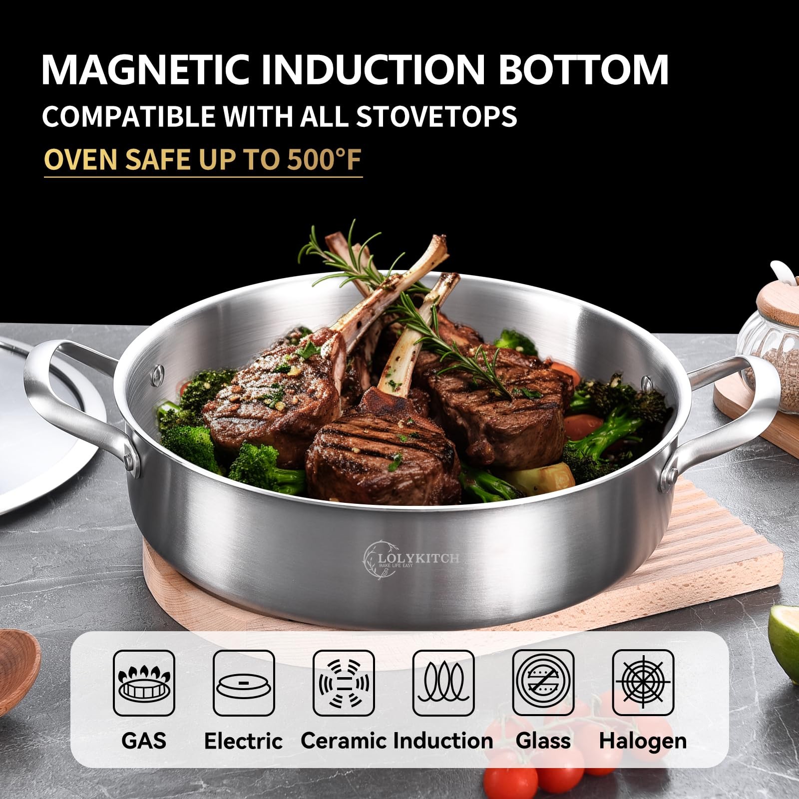 5 QT Tri-Ply Stainless Steel Sauté Pan with Lid,12 Inch Deep Frying pan,Large…