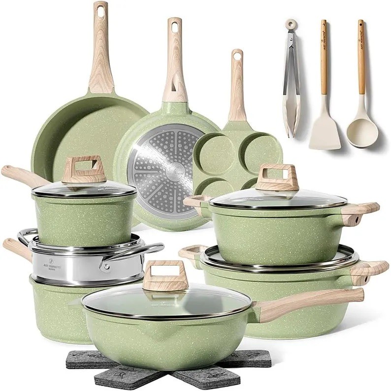 Set of 12 Beige Pot Pan Set Nonstick Kitchen Cookware Set with Detachable Handle