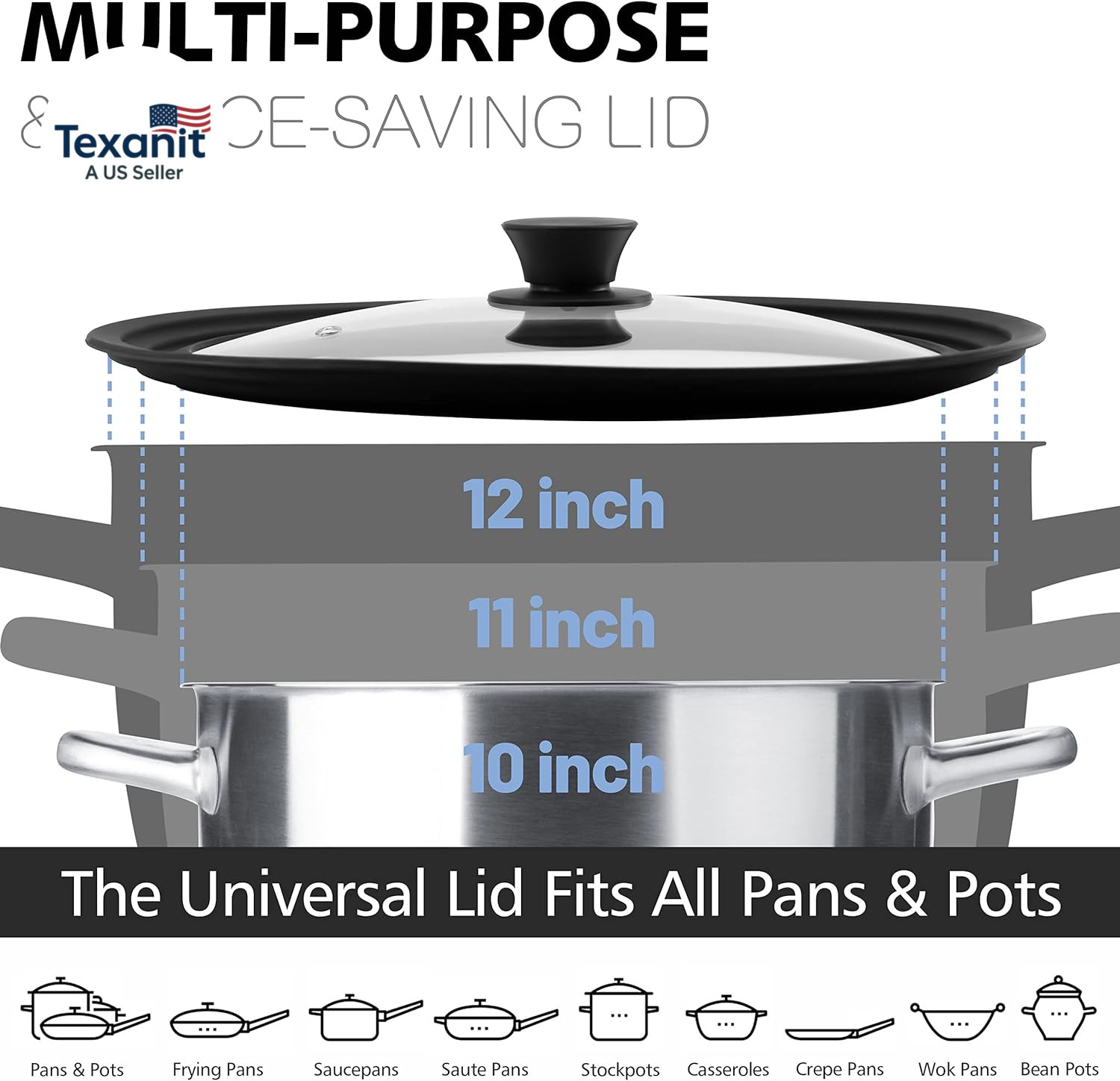 Silicone Universal Lid for Pots, Pans and Skillets – Tempered Glass Covered with