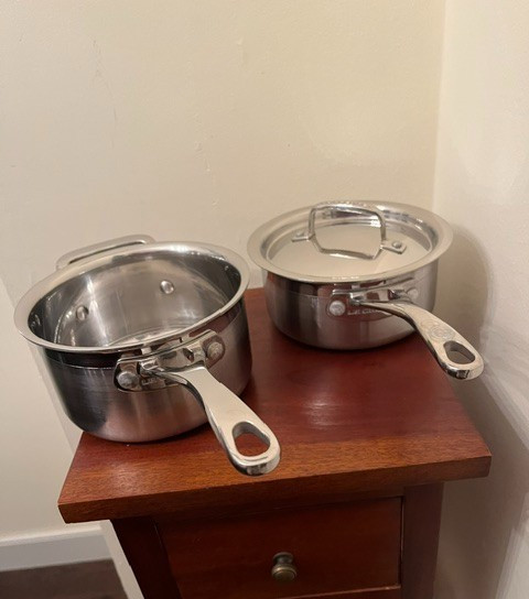 Le Creuset Stainless Steel Cookware 2 Handled Pots & 1 Lid 2 & 1.5 Qts. 3 Pieces
