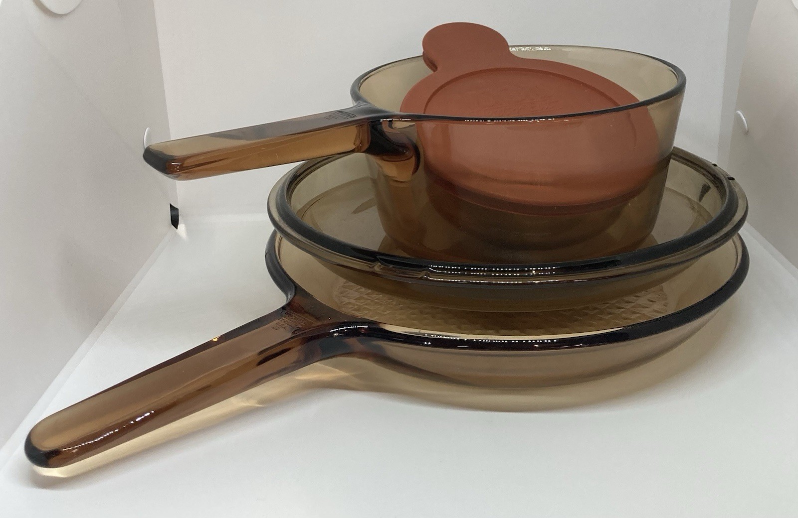 5 pc Lot Visions Cookware Corning Ware Amber Skillet w/ Lid Pot Microwave Bowl