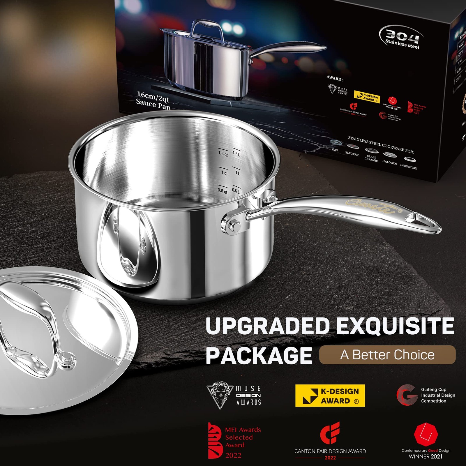 2 Quart Sauce Pan with Lid, Tri Ply Stainless Steel Saucepan 2 Qt with Stainl…
