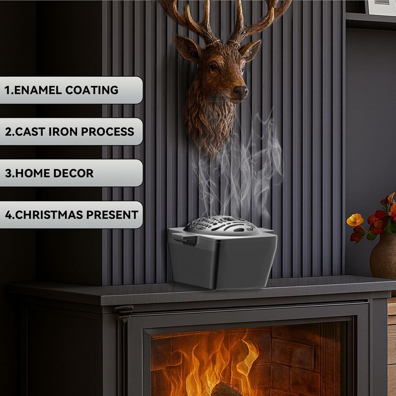 Elk Cast Iron Stove Steamer Pot, 2.7 Quart Enamel Fireplace Accessory