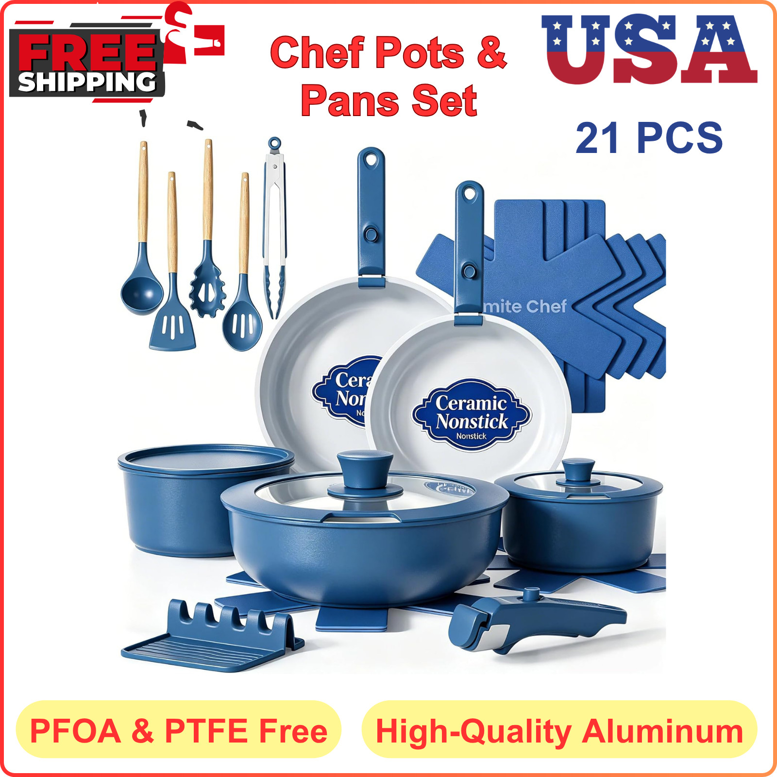 Pots And Pans Set Non Stick, 21 PCS Ceramic Cookware Set With Detachable Handles