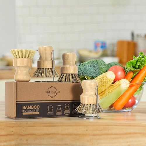 SAMEBUETCO 6-Piece Bamboo Dish Brush Set with 2 Stainless Steel Drying Racks,