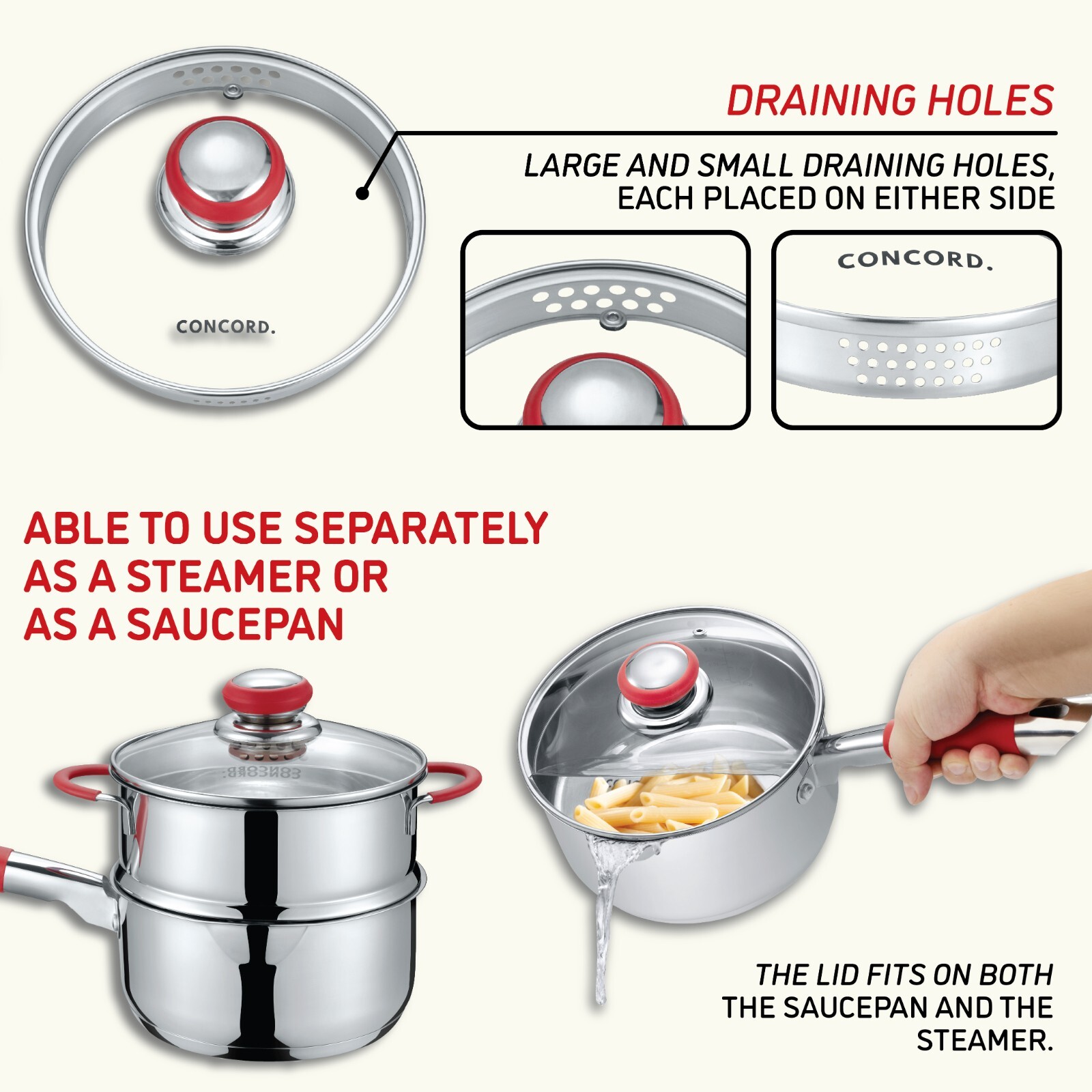 CONCORD Simple Pour Stainless Steel Saucepan with Steamer Tier