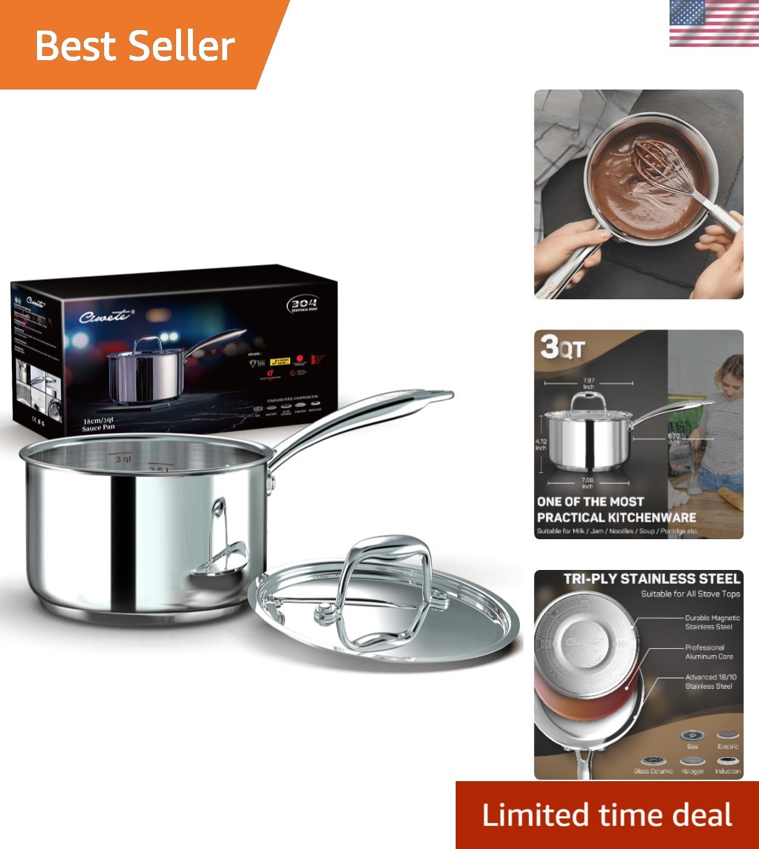 Versatile 3 Quart Saucepan with Lid – Perfect for All Stovetops & Easy Pouring