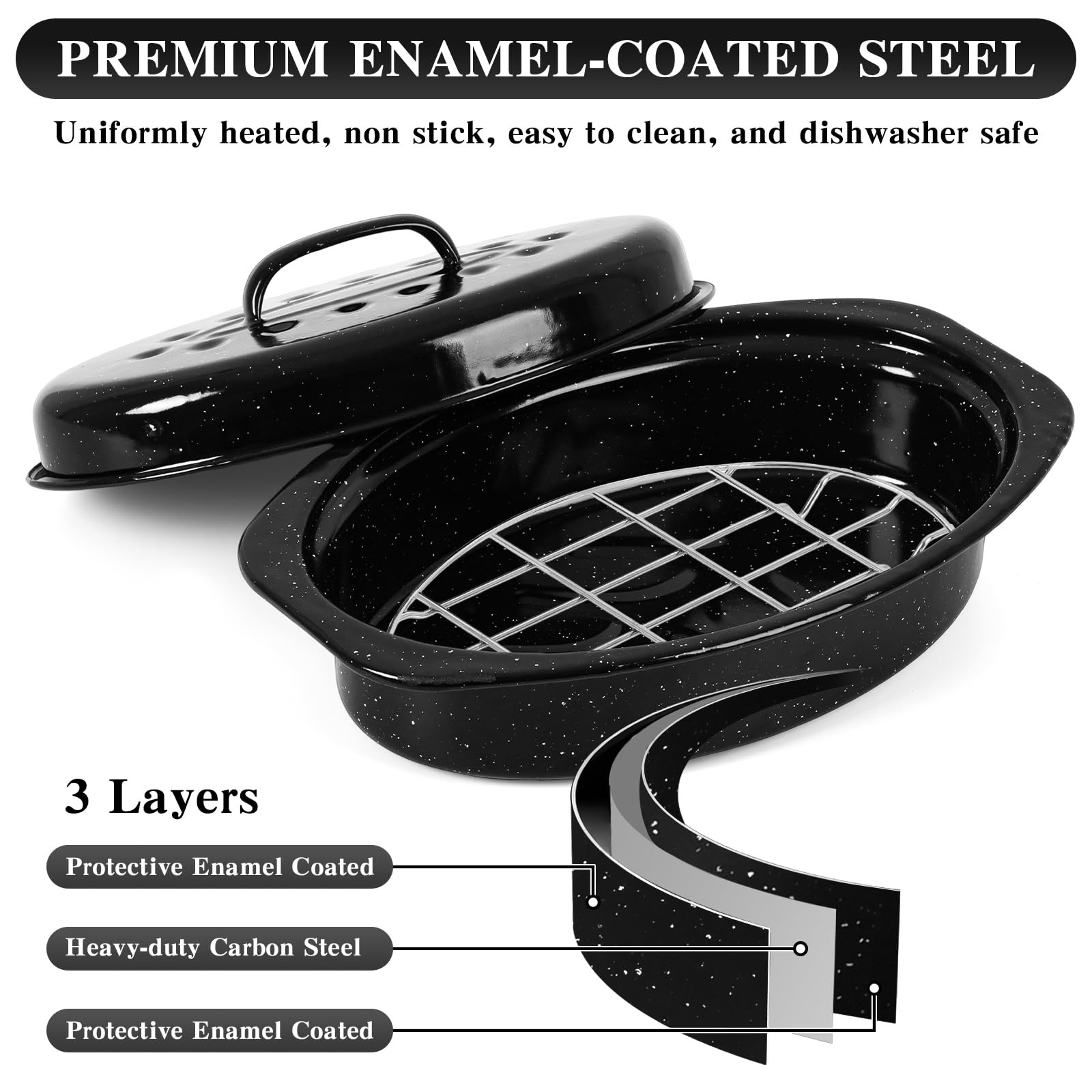 13 Inch Roasting Pan with Lid and Rack, Enamel Carbon Steel Roaster Pan, High…