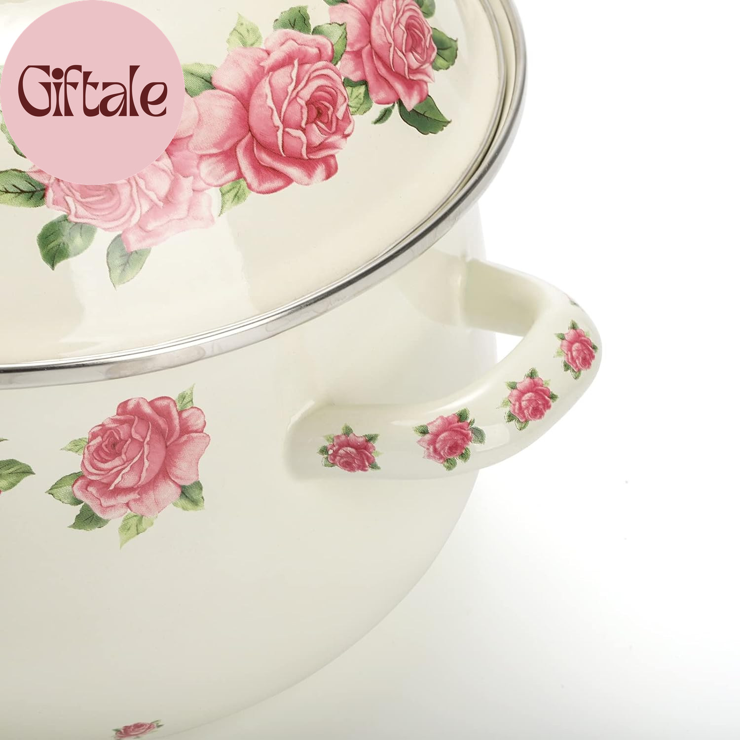 Enamel Stockpot with Lid, 2.8 Quart Retro Cooking Pot, Vintage Floral Stew Bean