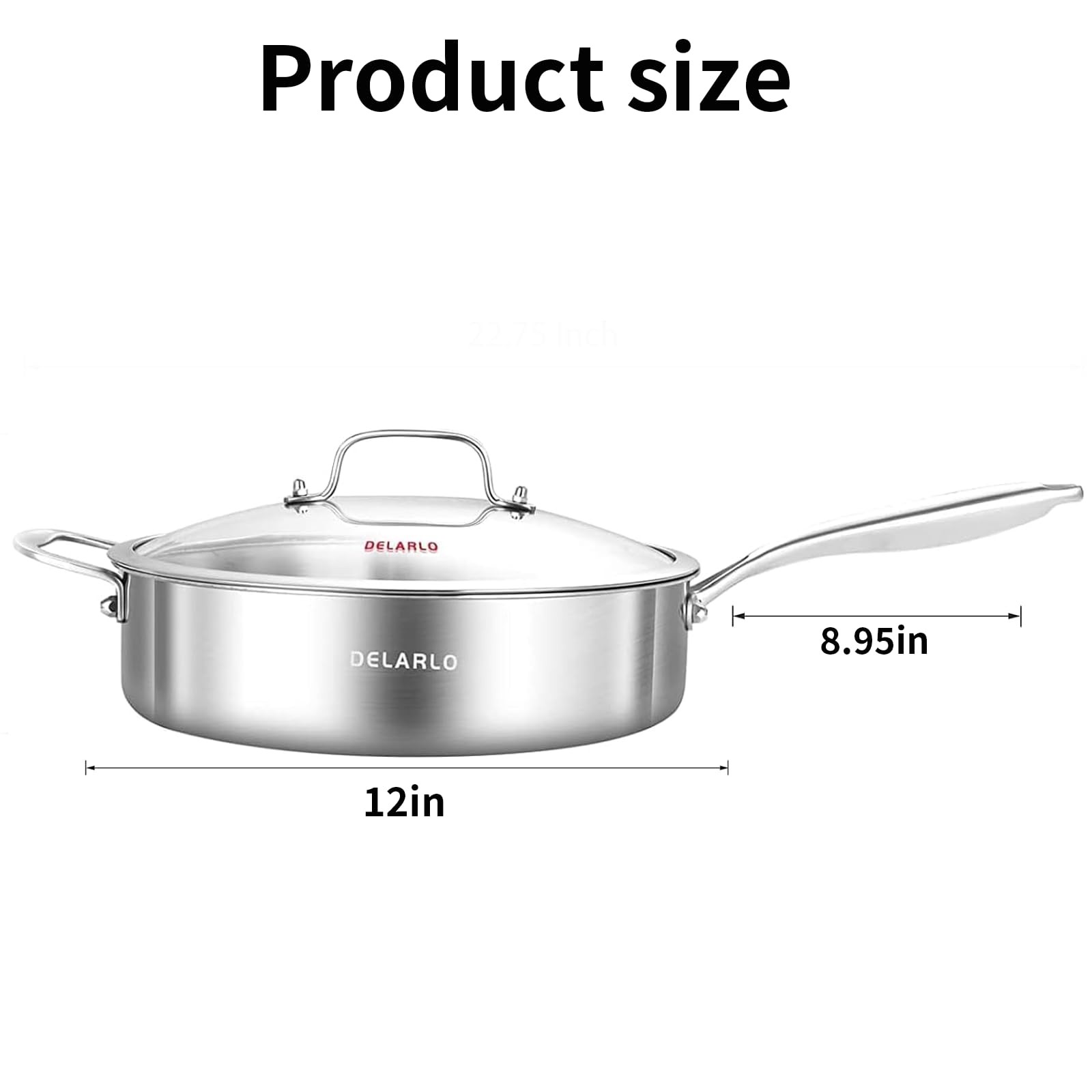 Delarlo Tri-Ply Stainless Steel Saute Pan Lid 5.5Qt12.3Inch Deep Frying