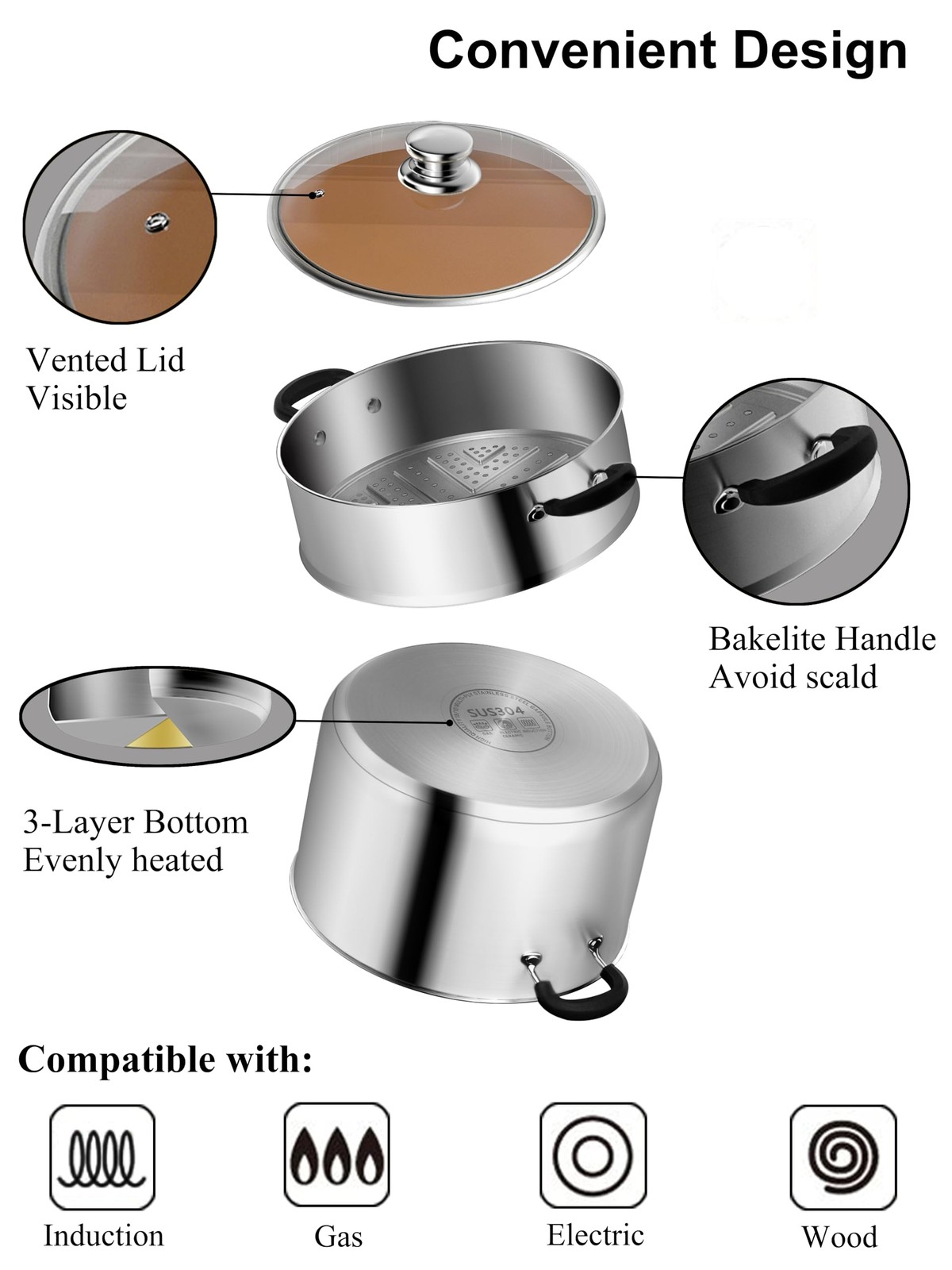 7.1 Inch 2.1 QT Small Vegetable Steamer Pot Induction Stainless Steel Steam