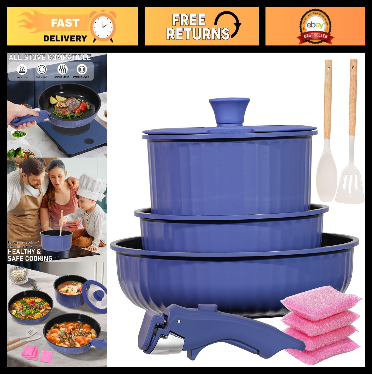 11-Piece Nonstick Cookware Set with Removable Handle, Induction & Stackable for