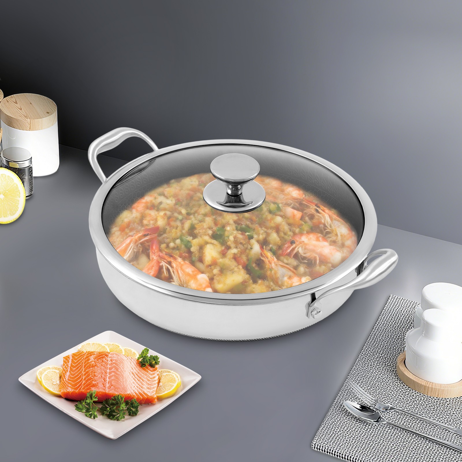 Flat-Bottomed Frying Pan with 2 Handle, Kitchen Round Flat-Bottomed Frying Pan