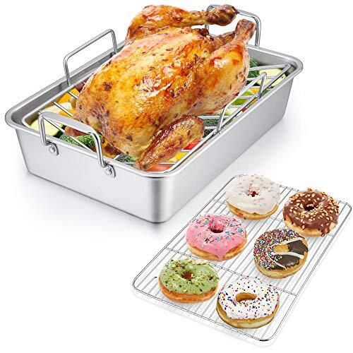 14 Inch Non-Stick Roasting Pan with Rack and Handles for Lasagna Chicken Roaster
