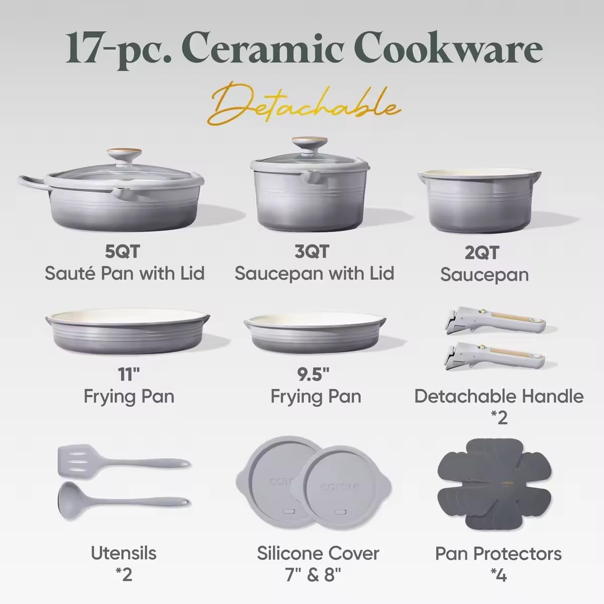 17-Piece Titanium Non-Stick Cookware Set with Detachable Handles
