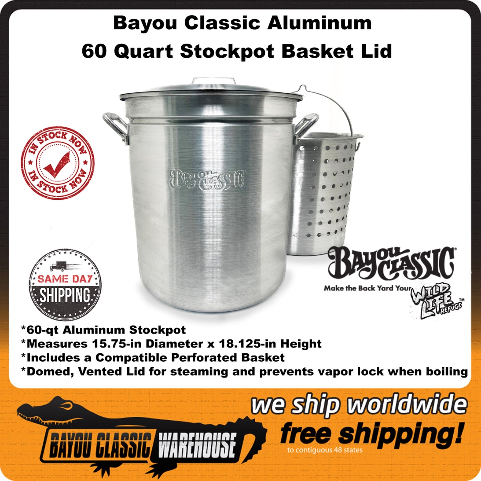 Bayou Classic Aluminum 60 Quart Stockpot Basket and Lid 4060 El Salvador Artisan