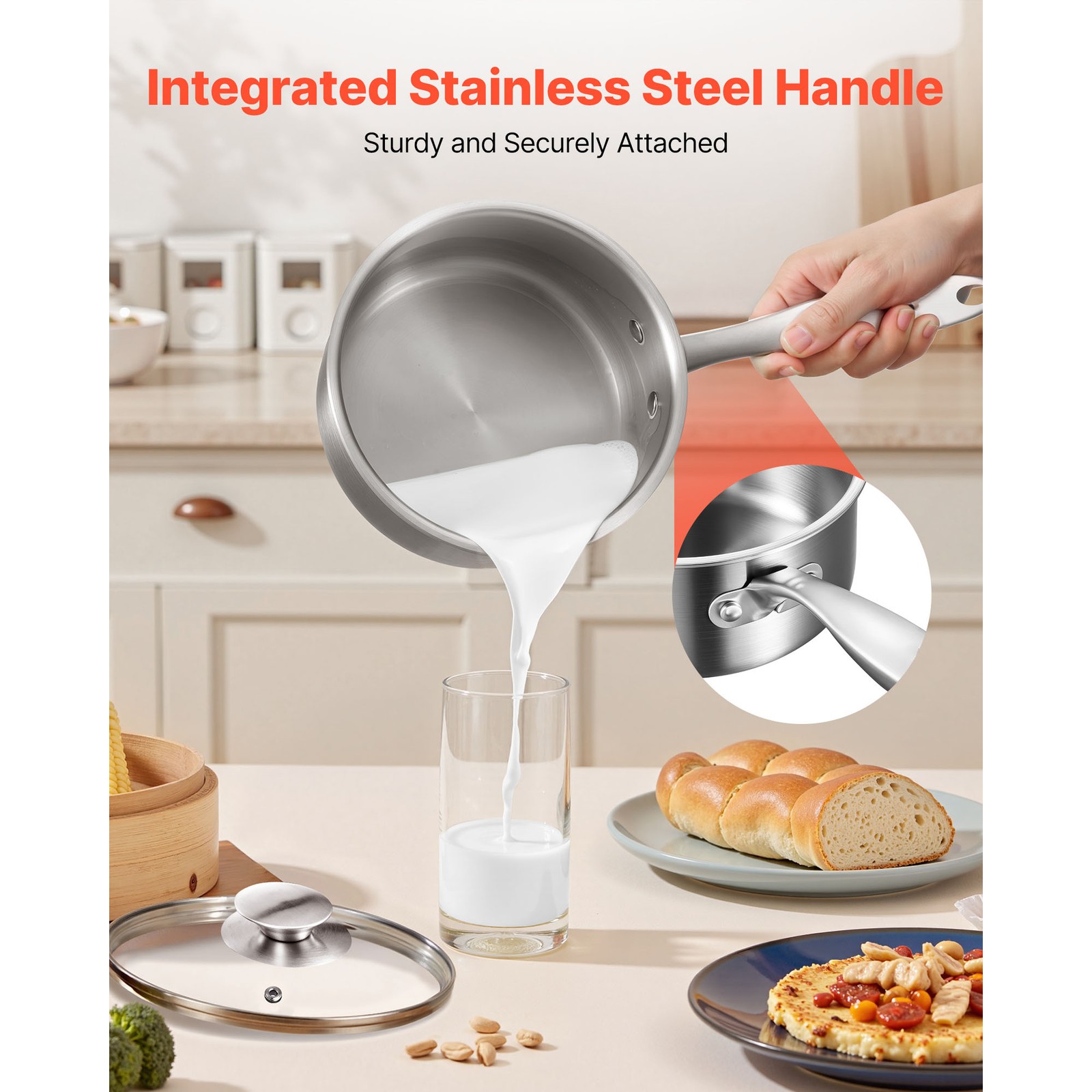 Uimoso 1.5 QT Stainless Steel Saucepan with Steamer and Glass Lid