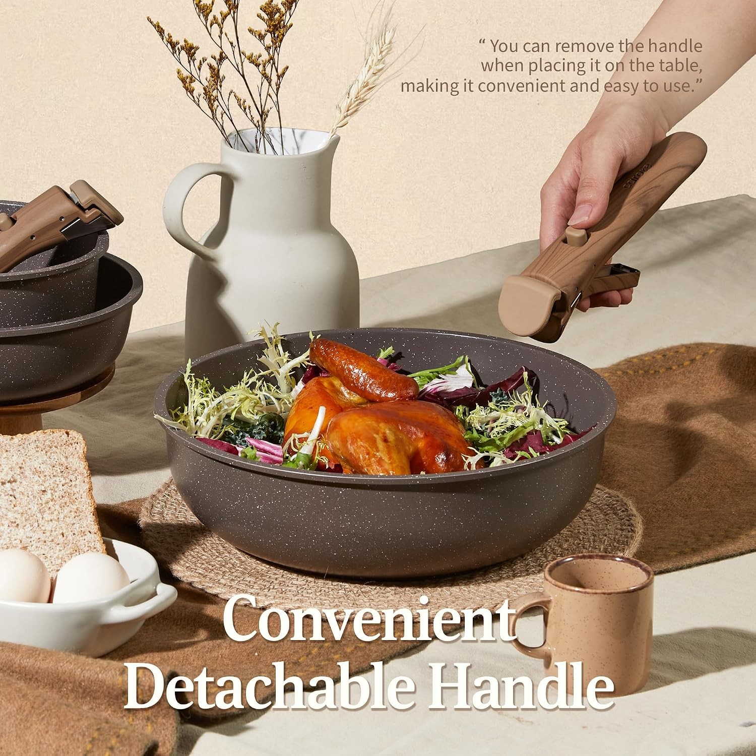 CAROTE 21Pcs Nonstick Cookware Set Detachable Handle RV Induction Brown