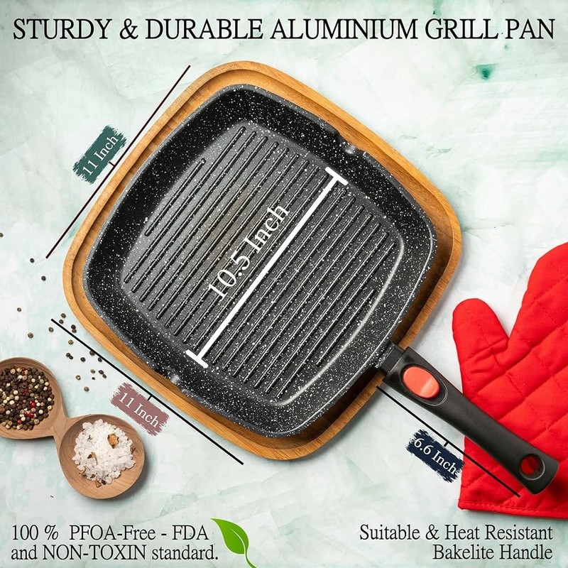 Nonstick Grill Pan W/ Detachable Handle Indoor BBQ Cooking on All Stovetops New