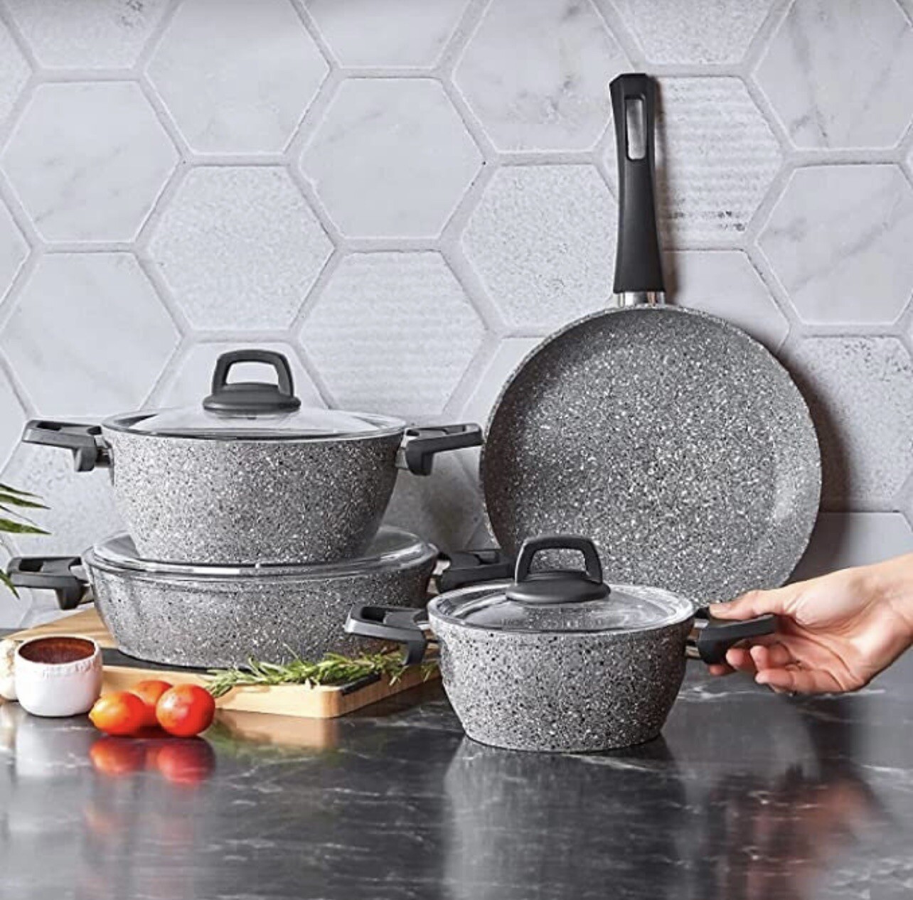 Cookware BioGranite 7 Pieces Granite Cookware Pot and Pan Set NonStick Coating