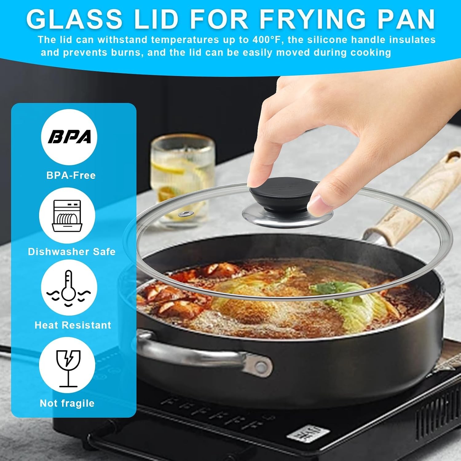 TEMPERED GLASS LID FOR FRYING PAN SKILLET Durable Heat Resistant Glass Cover