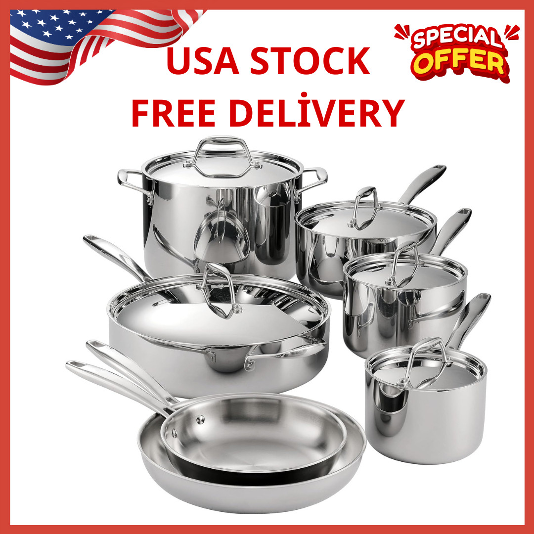Tri-Ply Clad Stainless Steel 12-Piece Cookware Set with Lids, Pots and Pans Kitc