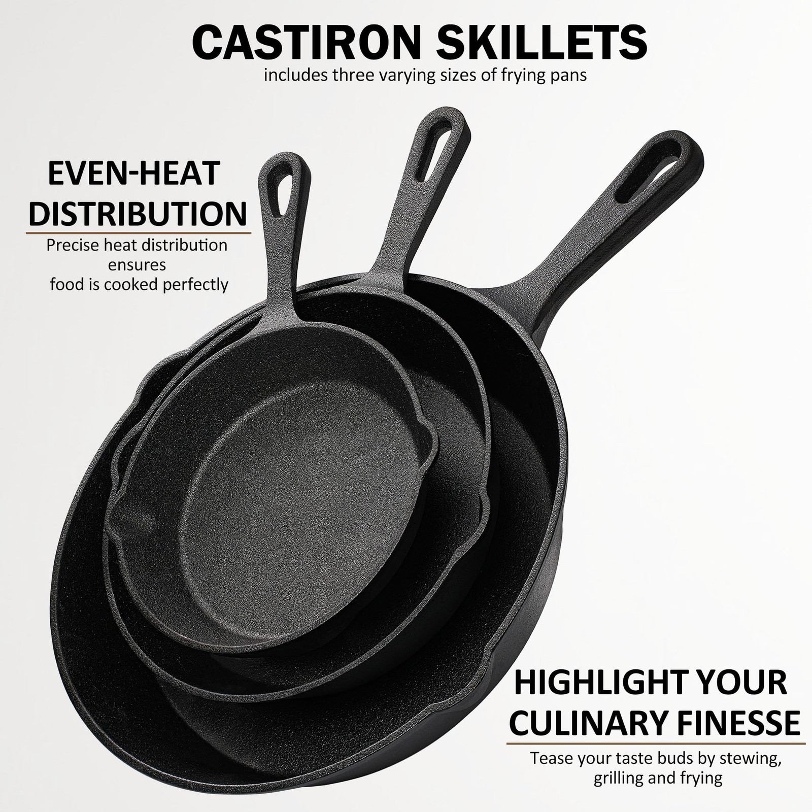 Pre-Seasoned Cast Iron Cookware Set 3 Piece Frying Pans for Grill Camping
