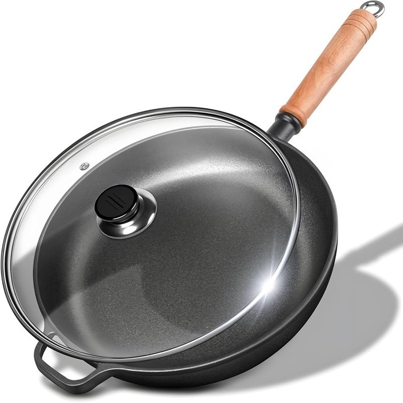 Cast Iron Skillet Nonstick W/ Glass Lid Detachable Handle Oven Safe Cooking Pan