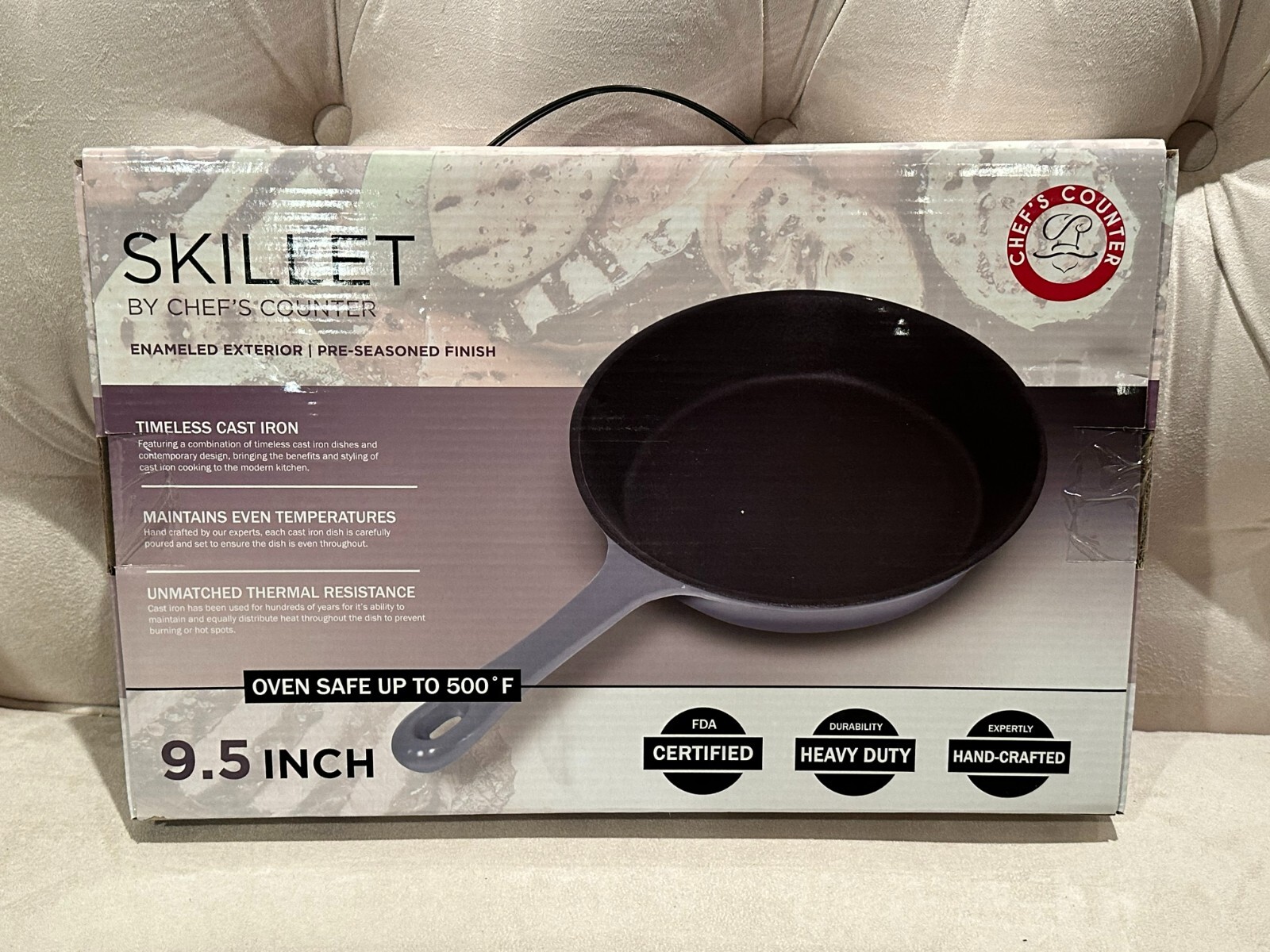 NEW! Chef’s Counter 9.5″ Blue-Gray Enamel Cast Iron Skillet Frying Pan