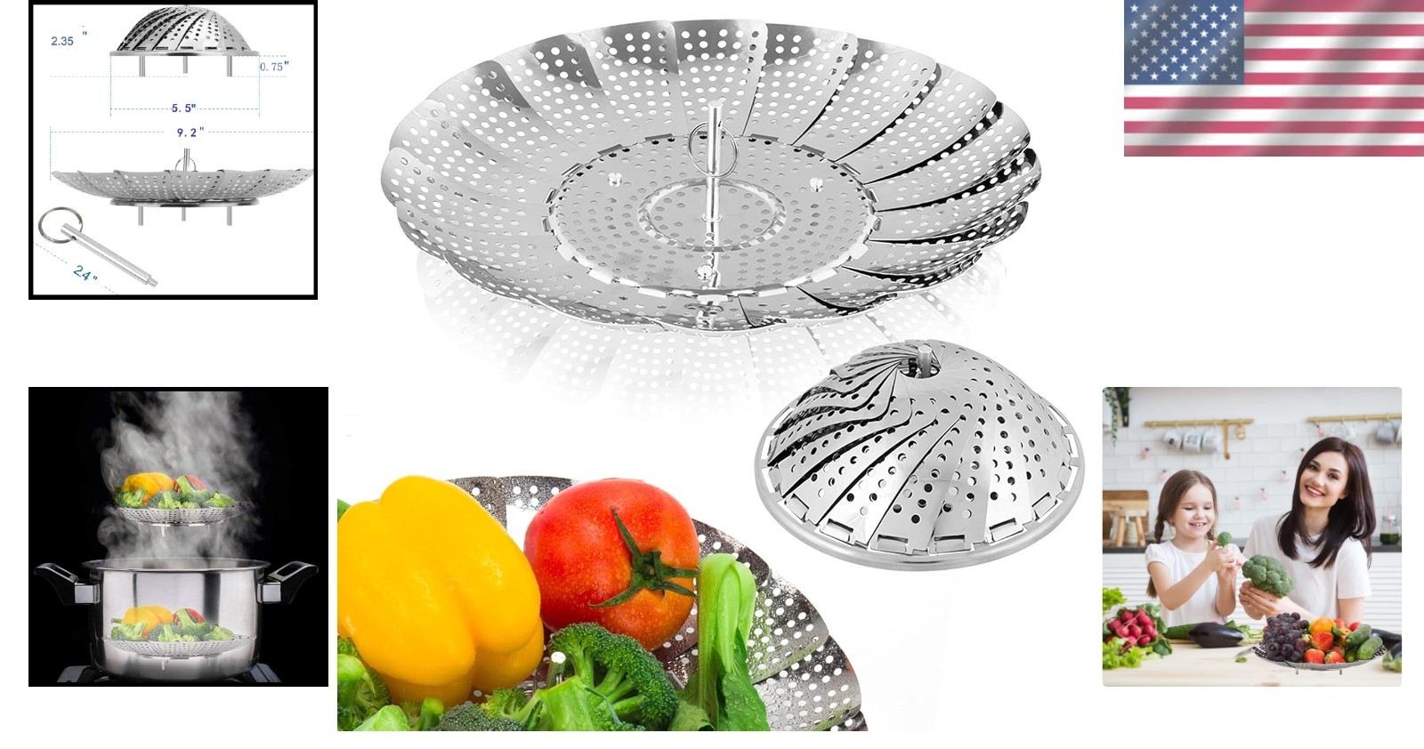Compact Stainless Steel Vegetable Steamer Basket – Easy to Clean, 5.5″-9.2″