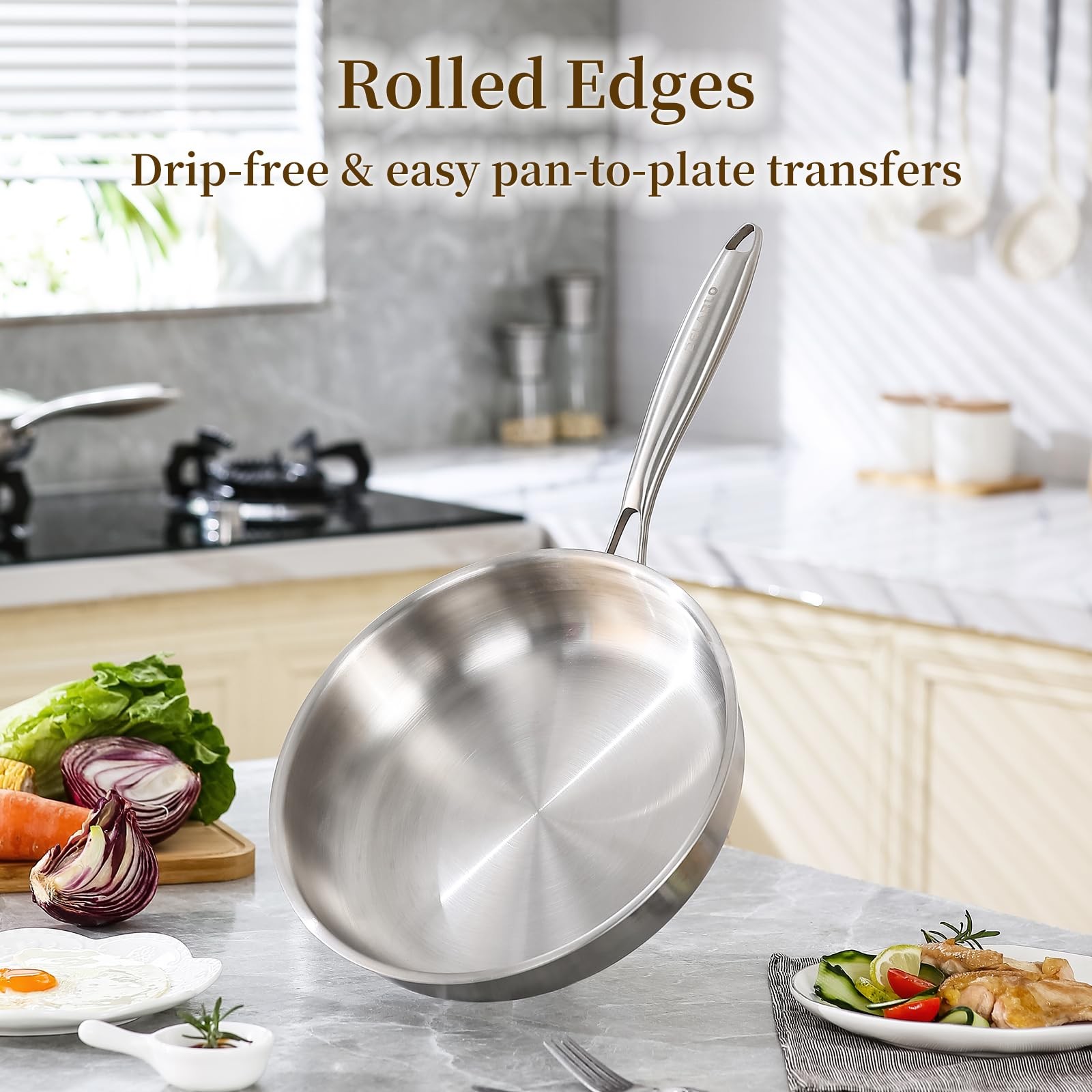 Tri-Ply Stainless Steel Pan, 18/10 Frying Pan, Oven Safe Up to 600°F, Nontoxi…