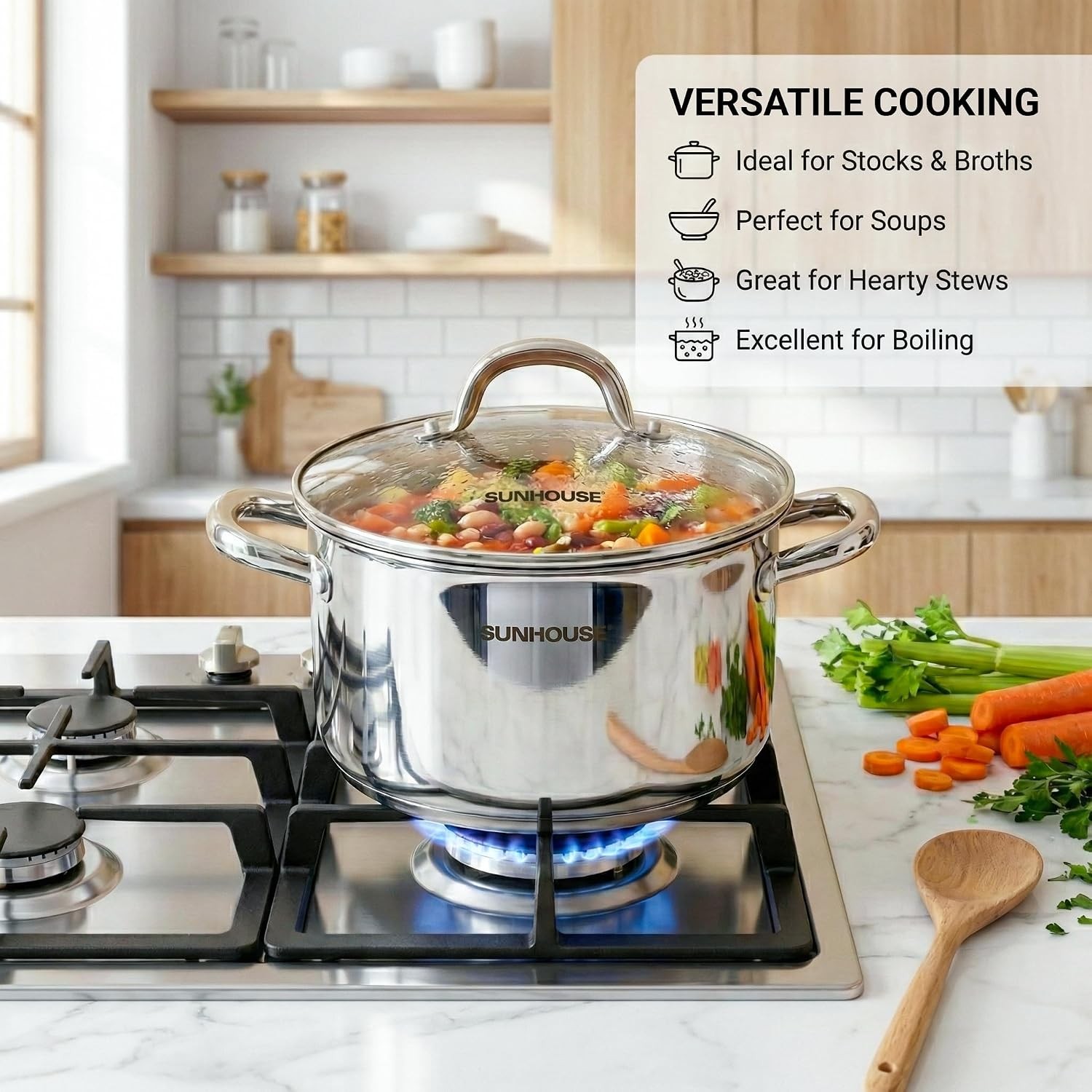 SUNHOUSE Whole-Clad 6.2 Quart Stainless Steel Stock Pot with Lid | Professional