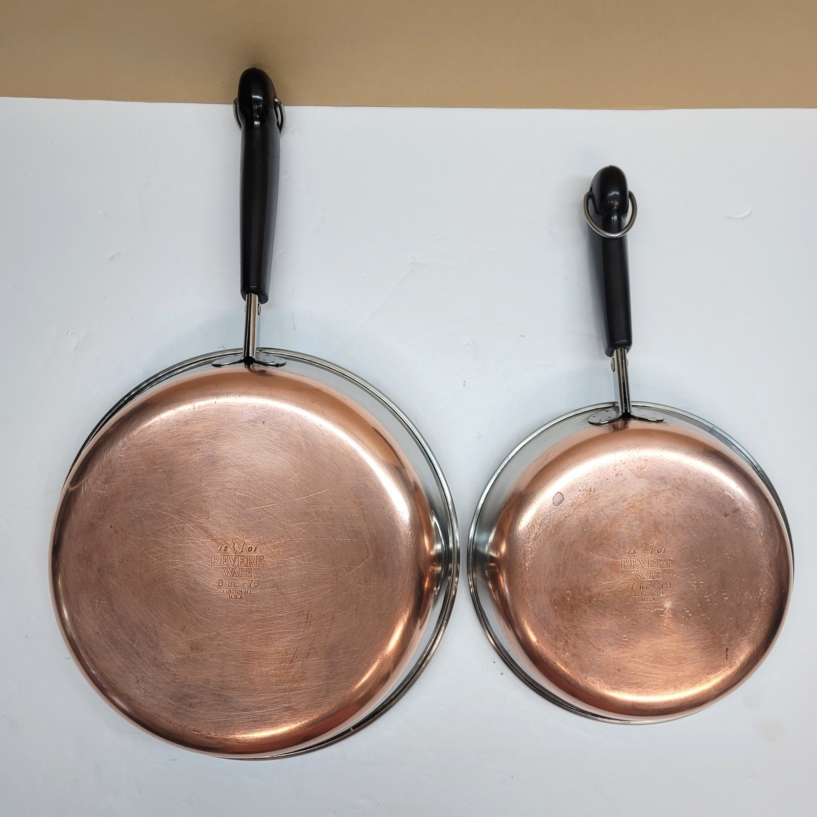 Vtg Revere Ware Copper Bottom/Stainless Skillet Set 7 & 9 inch Frying Pans USA
