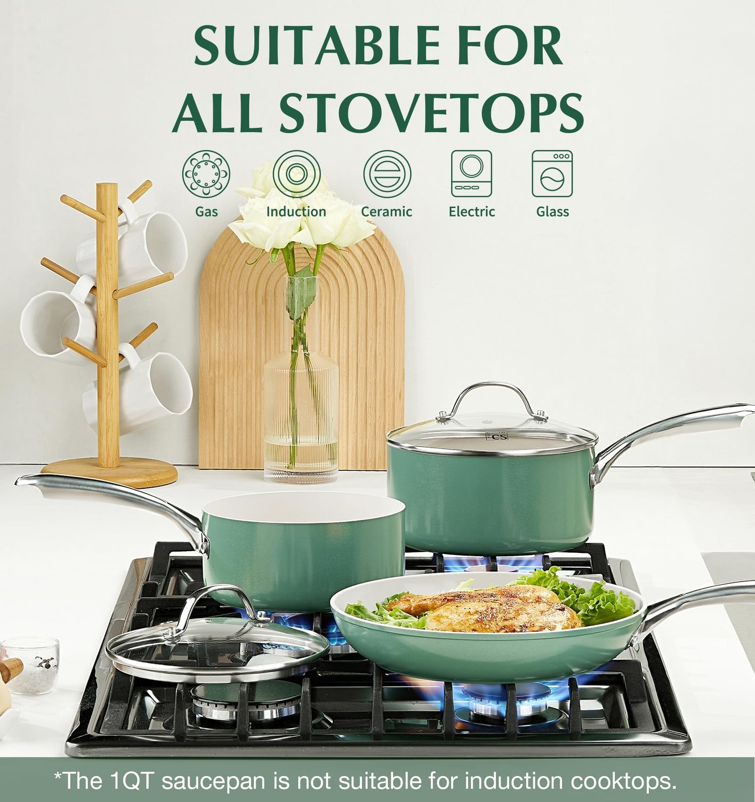 Koch Systeme Cs Nonstick Sauce Pan Lid 1Qt 2Qt 3Qt Ceramic Set 6Pcs Non-Toxic