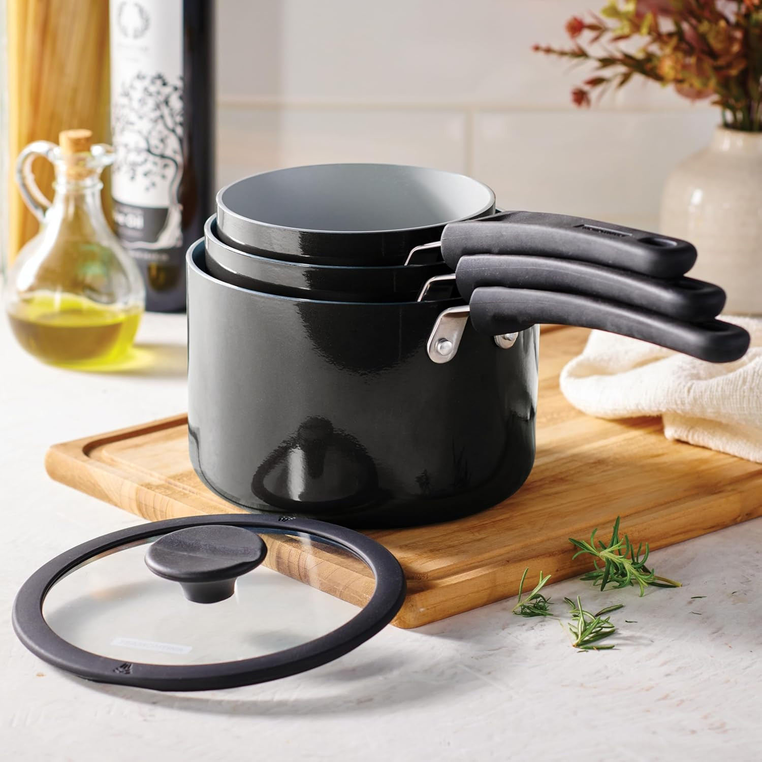 Dark Gray Nonstick Ceramic 6-Piece Nesting Saucepan Set with Lids