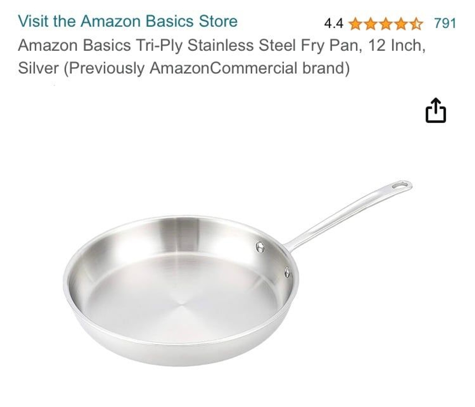 Amazon Basics Tri-Ply Stainless Steel Fry Pan, 12 Inch, Silver