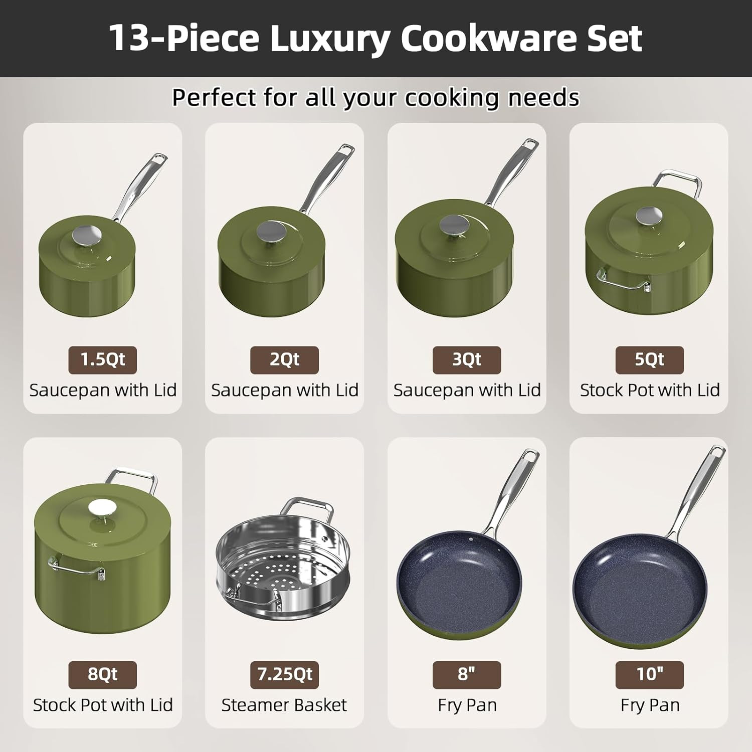 Lux 13Pc Lightweight Cookware Set – Non-Stick, PFAS Free, Induction Ready
