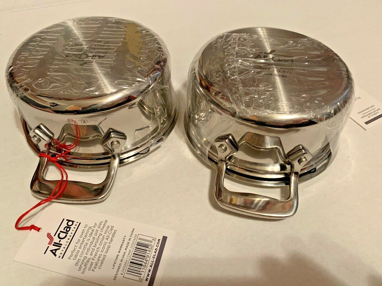 All-Clad Set of 2 Mini Cocottes w/ Lids 0.5 qt Stainless Steel New Sealed Tags