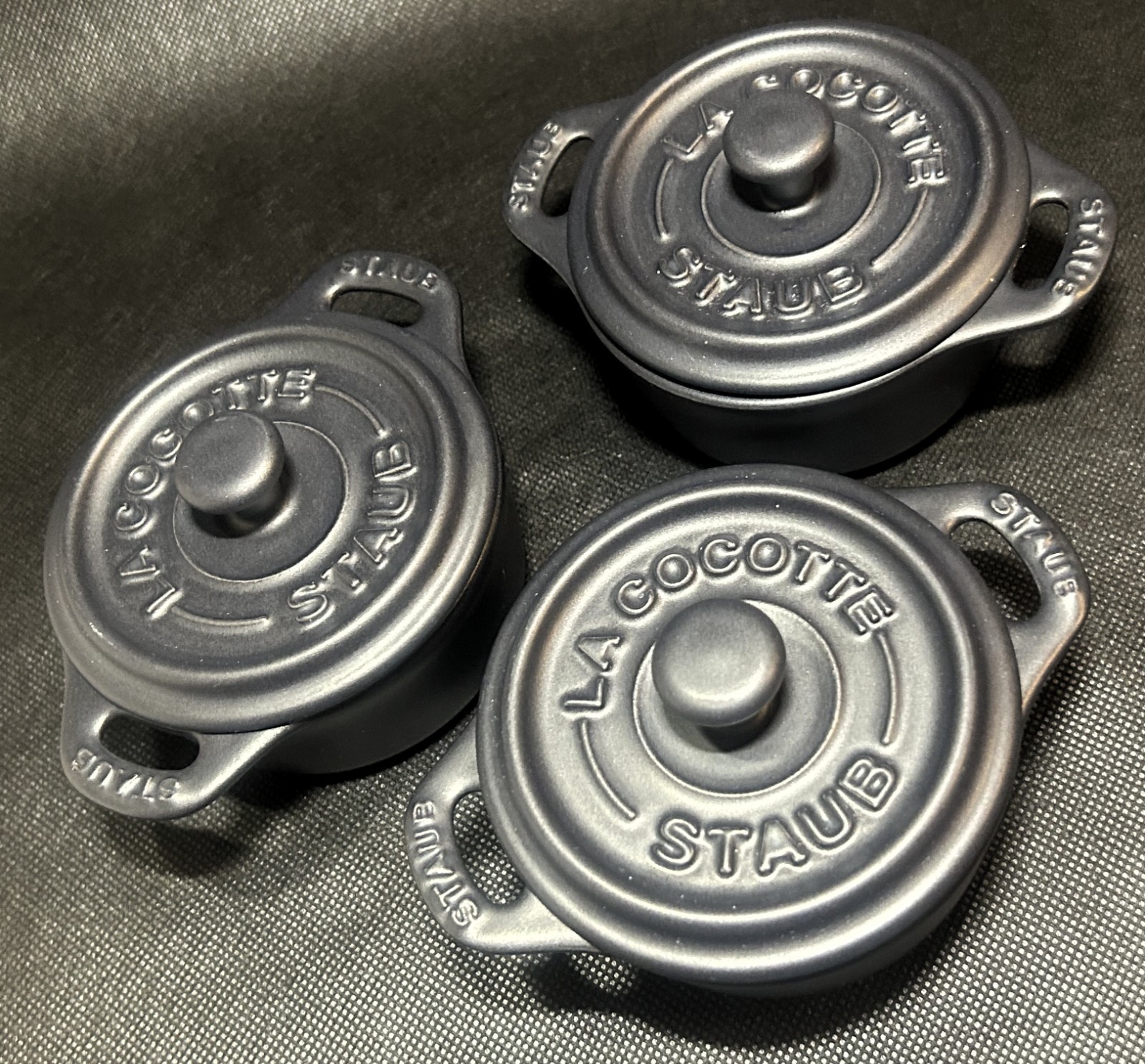 Set of 3 Staub Miniature Round Matte Black Ceramic La Cocottes Made in France